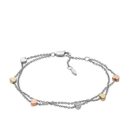 Zilverkleurige schakelarmband met drie rijen, versierd met hartjes in zilver, roségoud en geelgoud. Eén hartje bezet met steentjes.