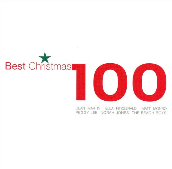 Albumhoes: 'Best Christmas 100' met rode tekst, een groene kerstster en de namen van artiesten.