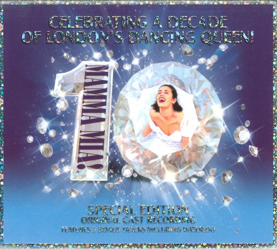 Feestelijke cd-hoes met "Mamma Mia!" 10 jaar, een lachende vrouw in een diamant en glitter.