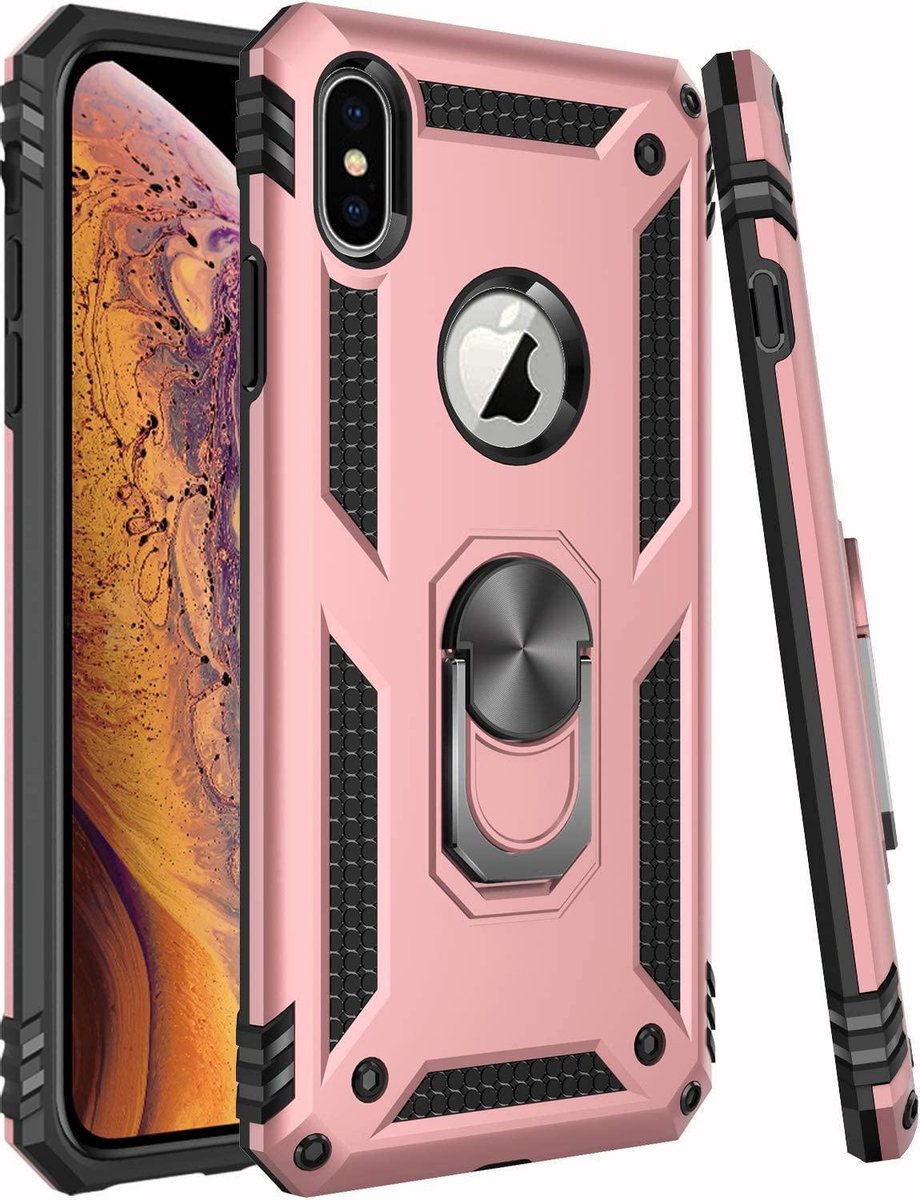 Anti-Shock Hybrid Ring Armor Hoesje - Geschikt voor: iPhone XS Max - rosegoud