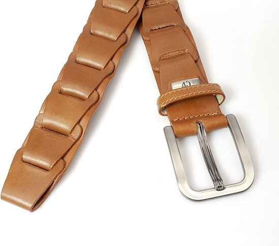 JV Belts Heren fantasie gevlochten riem cognac - heren riem - 3.5 cm breed - Cognac - Echt Leer - Taille: 115cm - Totale lengte riem: 130cm