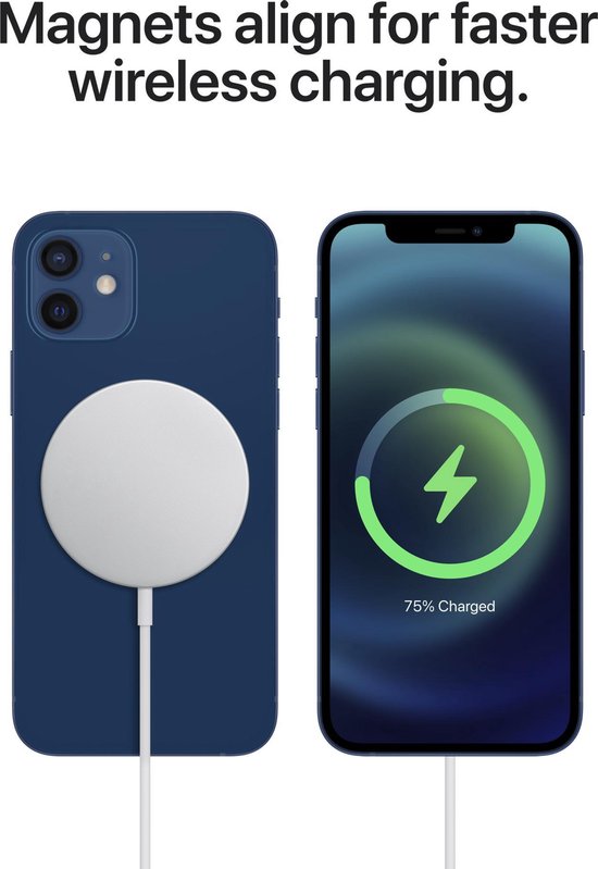 Donkerblauw iPhone 12 hoesje met MagSafe oplader, naast iPhone met 75% lading.