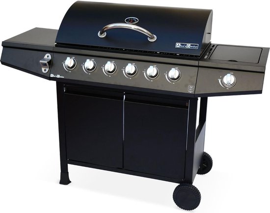 sweeek - Gasbarbecue 6 branders en zijbrander op wielen met zijtafels en thermometer - treville