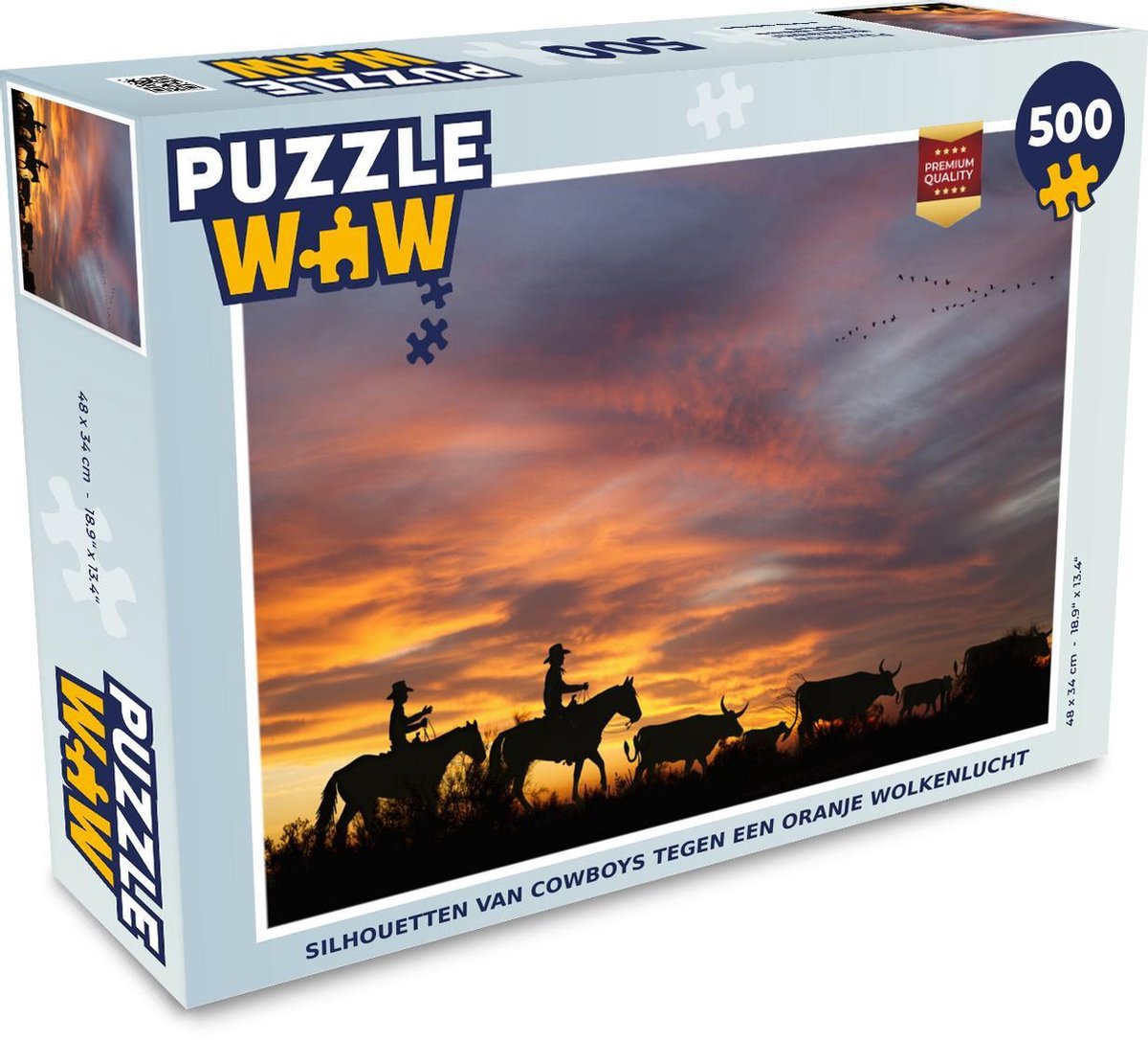 Afbeelding van product Puzzel 500 stukjes Cowboys - Silhouetten van cowboys tegen een oranje wolkenlucht - PuzzleWow heeft +100000 puzzels