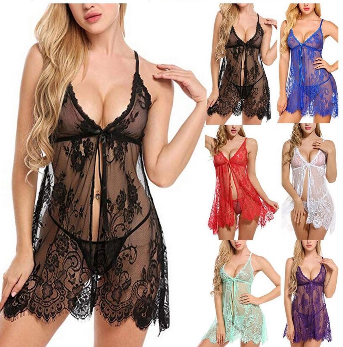 Goedkoopste Super Sexy nachtjurk- babydoll jurk- babydoll lingerie- babydoll nachtjapon van kant versierd met bloemetjes patroon