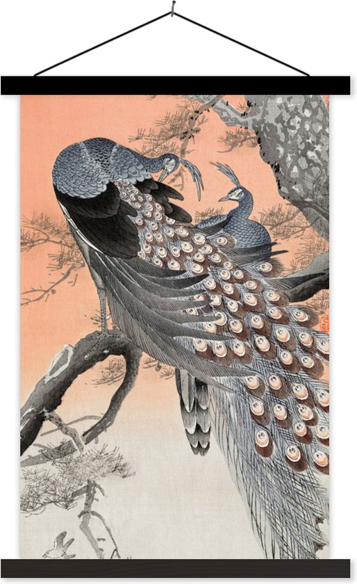 Posterhanger incl. Poster - Ernst Haeckel & Jungle - Boho Decoratie / Ibiza Style - Pauwen - Boom - Veren - Zwarte Latten - 60x90 cm