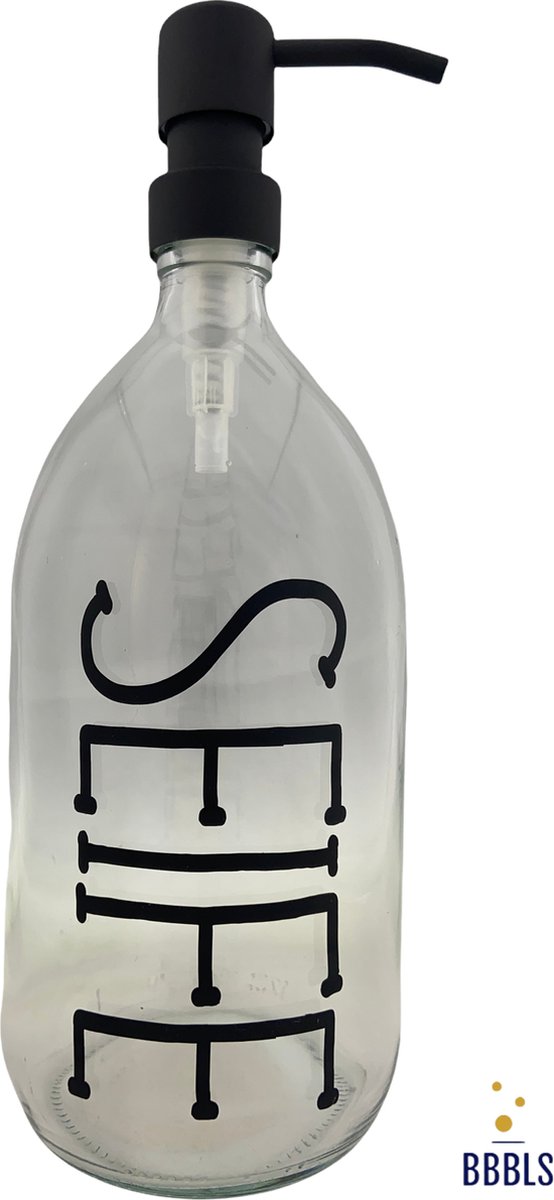 BBBLS® Design Dispenser "Seife" | Transparant Glas | 1 liter | RVS / Metaal Pomp Zwart | Zeeppomp | Zeepdispenser | Zeephouder