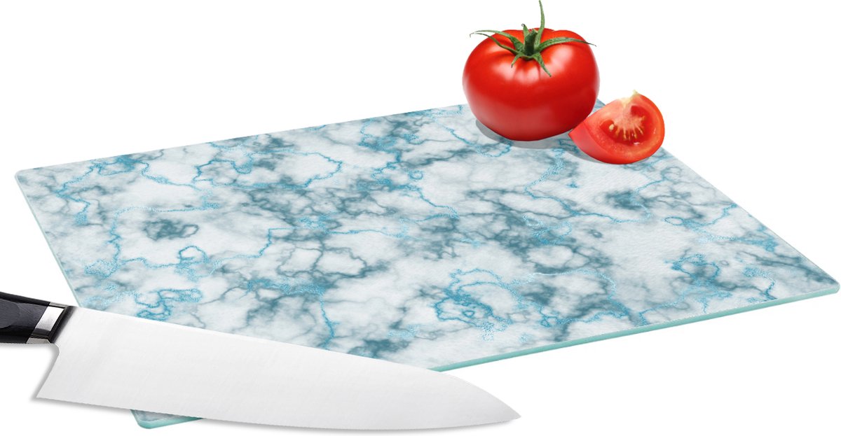 Glazen Snijplank - 28x20 - Marmer - Blauw - Wit - Snijplanken Glas
