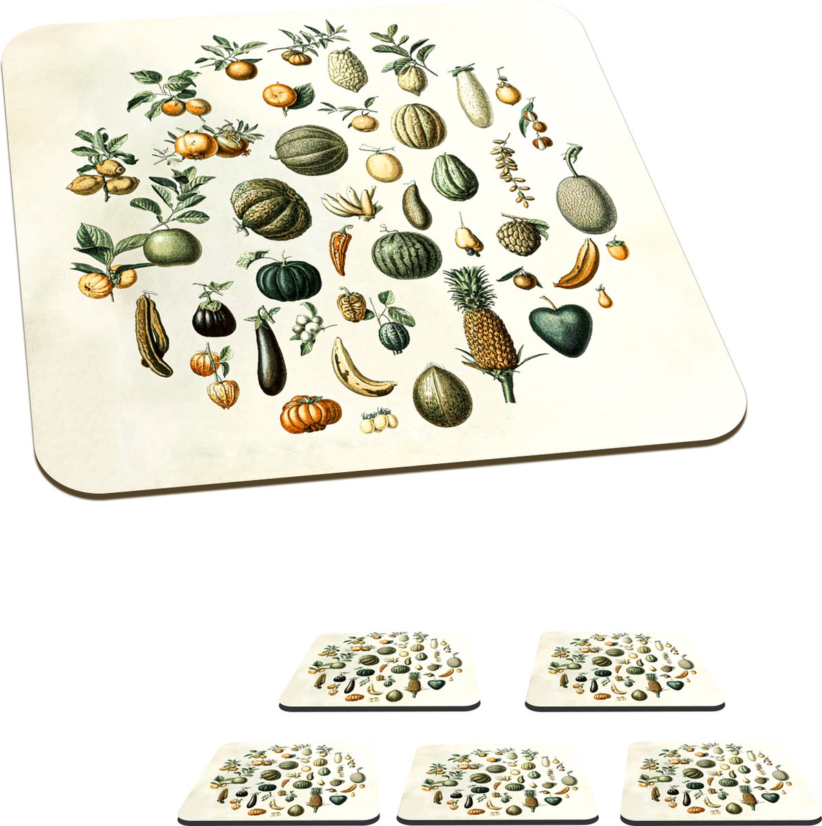 Onderzetters voor glazen - Groenten - Fruit - Vintage - 10x10 cm - Glasonderzetters - 6 stuks