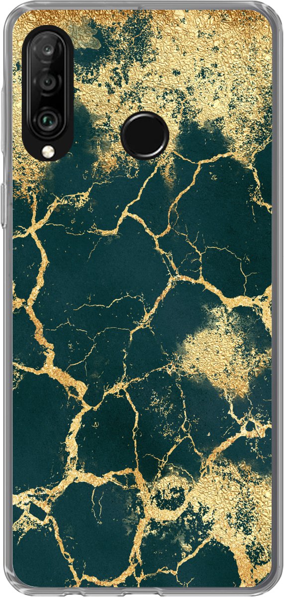 Telefoonhoesje Geschikt voor Huawei P30 Lite hoesje - Goud - Groen - Marmer print - Siliconen Telefoonhoesje Telefoonhoesje