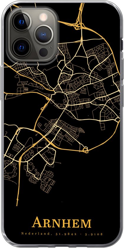 Geschikt voor iPhone 12 Pro hoesje - Arnhem - Kaart - Goud - Zwart - Siliconen Telefoonhoesje