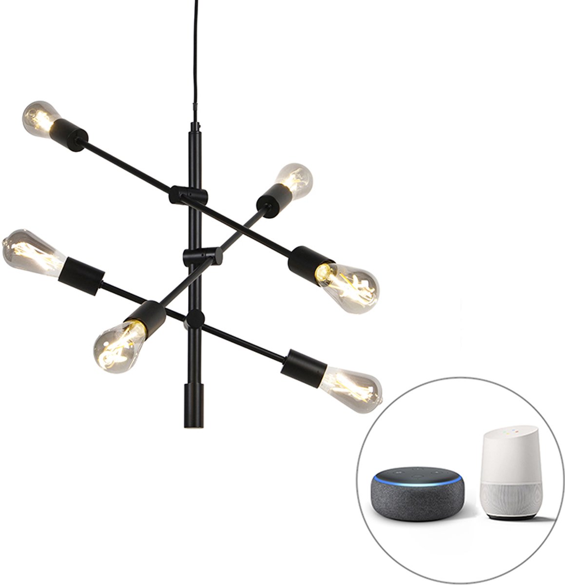 QAZQA sydney - Industriele Dimbare LED Smart Hanglamp incl. wifi met Dimmer voor boven de eettafel | in eetkamer - 6 lichts - Ø 75 cm - Zwart - Industrieel - Woonkamer | Slaapkamer | Keuken