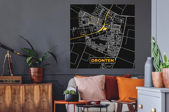 Stickers muraux - Dronten - Black and Gold et Or - Plan de la ville - Carte - Plan d'étage - 100x100 cm - Feuille adhésive XXL