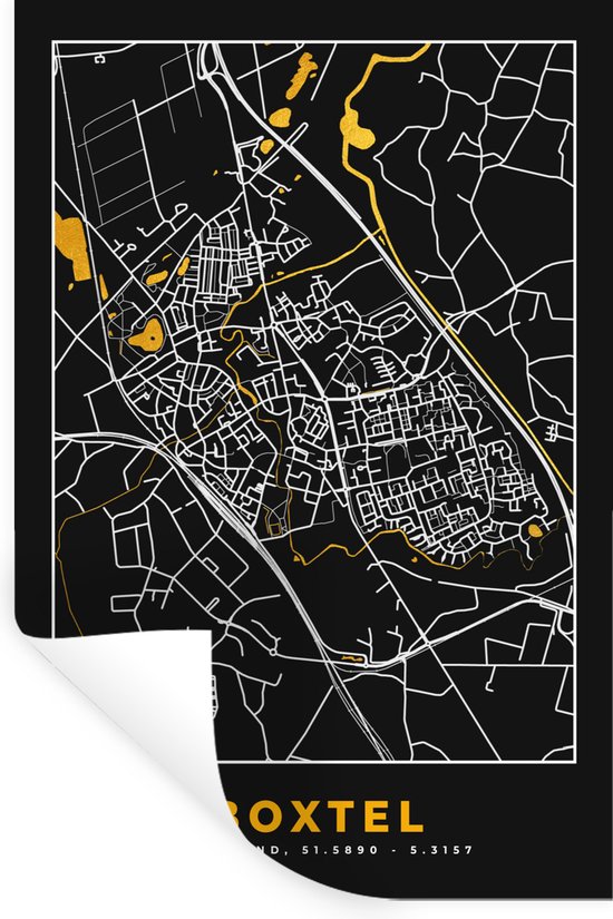 Stickers muraux - Boxtel - Black and Gold et Or - Plan de la ville - Plan - Carte - 80x120 cm - Film adhésif
