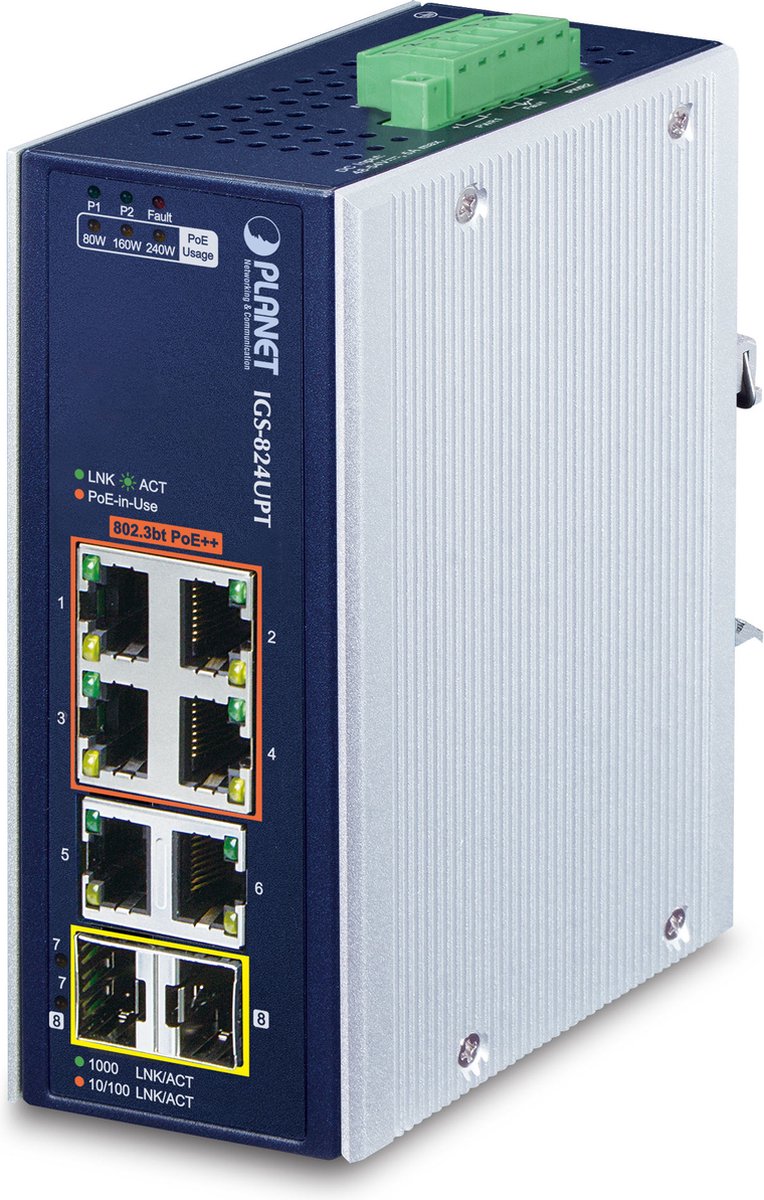 PLANET IP30 Industrial 4-Port Unmanaged Gigabit Ethernet (10/100/1000) Power over Ethernet (PoE) Blauw, Wit