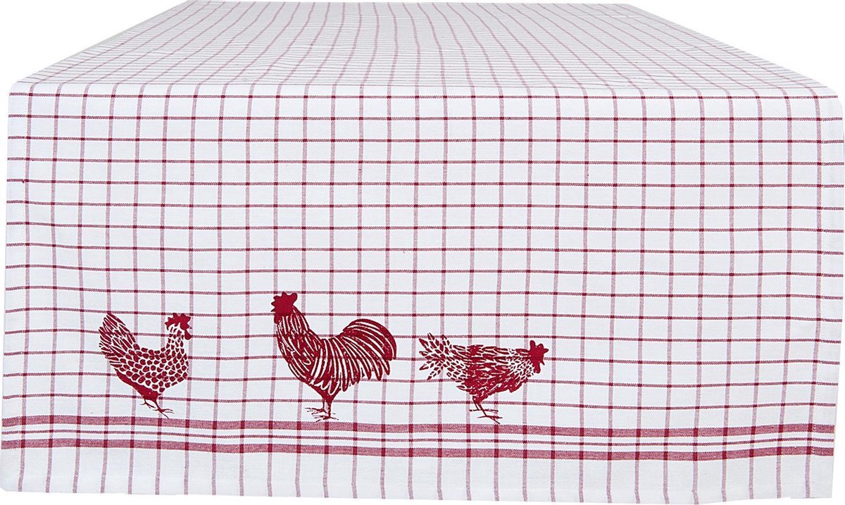 Clayre & Eef - Tafelloper - Katoen - geruit - Kippen & Hanen - Country Side Chicken - Rood - 50 x 140 cm