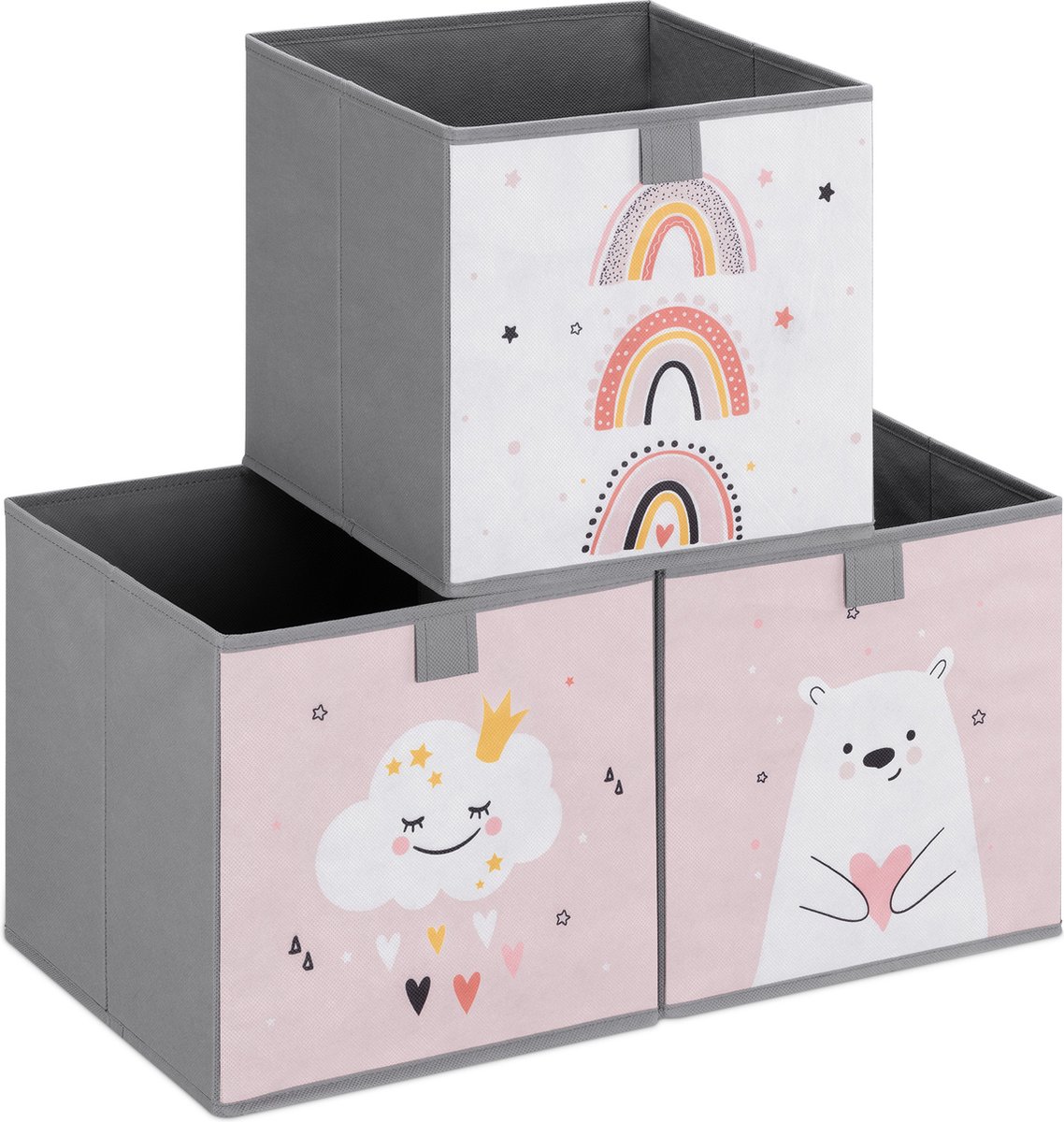 Navaris opbergdozen voor kinderen - Set van 3 opbergboxen met treklus - 28 x 28 x 28 cm - Opvouwbaar - Opbergmanden in roze/wit met dierenmotief