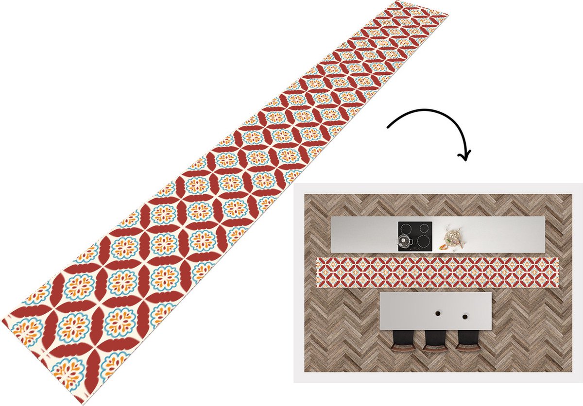 KitchenYeah Keukenloper - Keukenmat - Bloemen - Tegel - Patroon - 400x50 cm - Keuken vloerkleed Multicolor