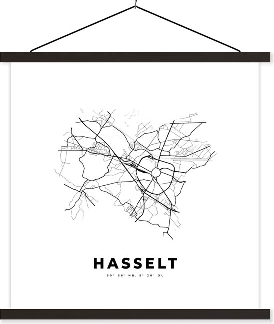 Posterhanger incl. Poster - Schoolplaat - Stadskaart – Zwart Wit - Kaart – Hasselt – België – Plattegrond - 90x90 cm - Zwarte latten - Plattegrond