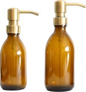 Groeikruid® Zeeppompjes Set 200 ml + 300 ml | Glazen Zeepdispensers | Vrijstaand en Hervulbaar | Amber Glas met RVS Pompkop | Bronsgoud