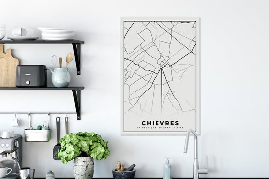 Toile Peinture Carte – Plan d'étage – Plan de Ville – Chièvres – België – Zwart Wit - 40x60 cm - Décoration murale