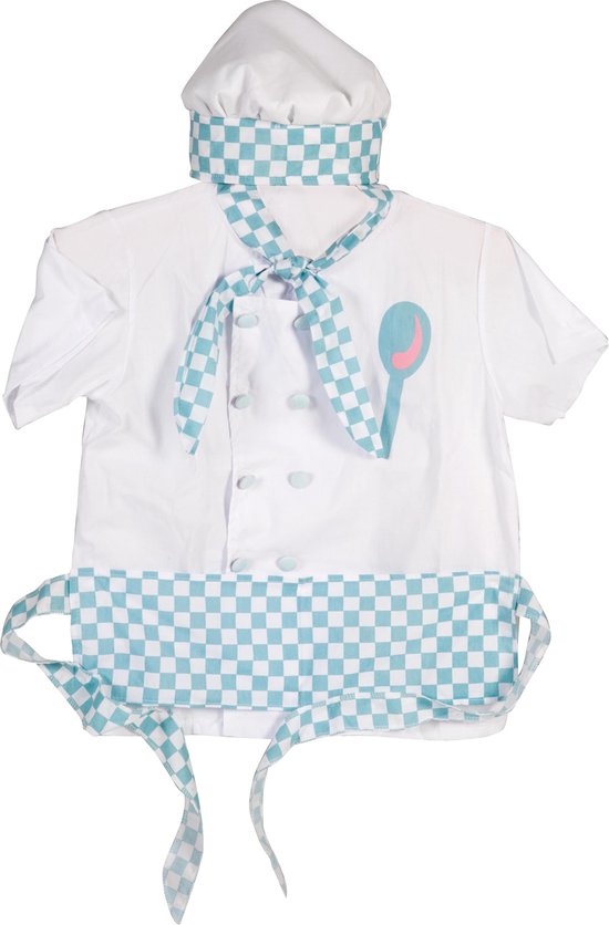 Witte kokskleding met blauw-witte ruitjes detail, inclusief muts, sjaal en schort met lepel-opdruk.