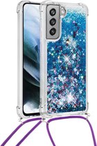 Lunso - Backcover hoes met koord - Samsung Galaxy S21 FE - Glitter Blauw