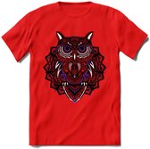 Uil - Dieren Mandala T-Shirt | Paars | Grappig Verjaardag Zentangle Dierenkop Cadeau Shirt | Dames - Heren - Unisex | Wildlife Tshirt Kleding Kado | - Rood - XXL
