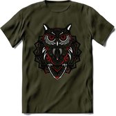 Uil - Dieren Mandala T-Shirt | Rood | Grappig Verjaardag Zentangle Dierenkop Cadeau Shirt | Dames - Heren - Unisex | Wildlife Tshirt Kleding Kado | - Leger Groen - M