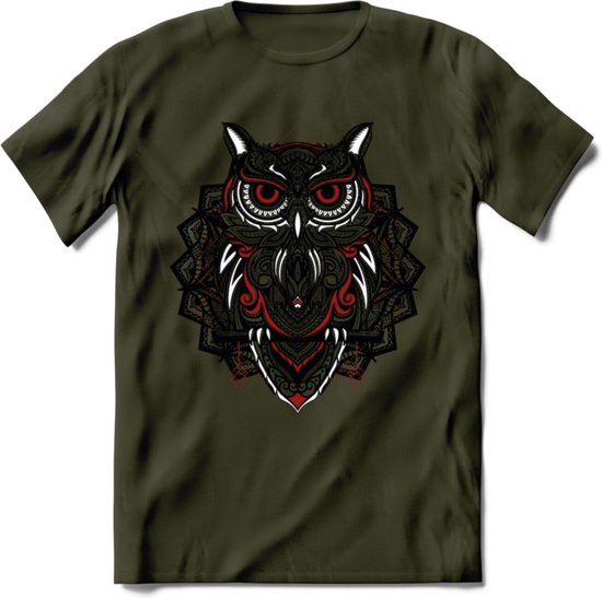 Uil - Dieren Mandala T-Shirt | Rood | Grappig Verjaardag Zentangle Dierenkop Cadeau Shirt | Dames - Heren - Unisex | Wildlife Tshirt Kleding Kado | - Leger Groen - M