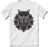 Uil - Dieren Mandala T-Shirt | Rood | Grappig Verjaardag Zentangle Dierenkop Cadeau Shirt | Dames - Heren - Unisex | Wildlife Tshirt Kleding Kado | - Wit - M