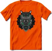Uil - Dieren Mandala T-Shirt | Aqua | Grappig Verjaardag Zentangle Dierenkop Cadeau Shirt | Dames - Heren - Unisex | Wildlife Tshirt Kleding Kado | - Oranje - S