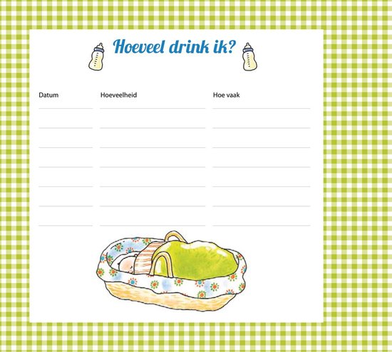 Pagina uit babyboek 'Hoeveel drink ik?' met tekening van baby in wieg.