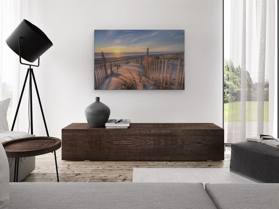 Artaza Canvas Schilderij Strand en Zee vanuit Duinen met Zonsondergang - 120x80 cm - Groot - Wanddecoratie Woonkamer - Schilderijen - Muurdecoratie