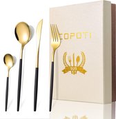 COPOTI Zwart en goud bestek, zwart handvat 24-delige mes vork lepel set, elegante leven 6 personen diner set, vaatwasmachinebestendig bestek, met geschenkdoos.