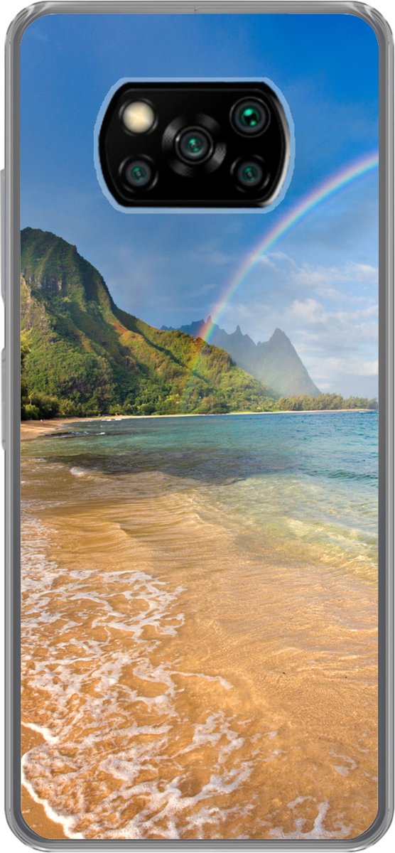 Telefoonhoesje Geschikt voor Xiaomi Geschikt voor Poco X3 Pro hoesje - Een mooie regenboog bij Tunnels Beach op Hawaii - Siliconen Telefoonhoesje Telefoonhoesje