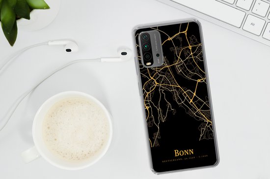 Coque de téléphone noire avec une impression de carte dorée de Bonn, Allemagne, sur un bureau.