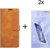 Samsung Galaxy A33 5G Bookcase Lichtbruin - portemonee hoesje met 2 stuk Glas Screen protector - ZT Accessoires