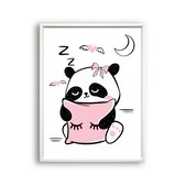 Schilderij  Roze panda slapend met kussen - Roze hartje / Dieren / 40x30cm