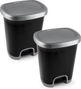 2x Poubelle/poubelle/poubelle à pédale en plastique noir/argent de 18 litres avec couvercle/pédale 33 x 28 x 40 cm