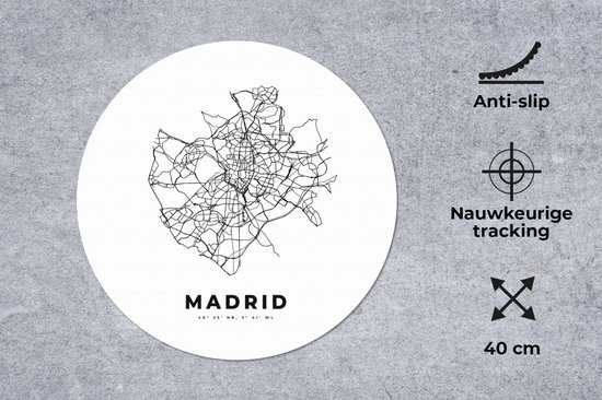 Muismat - Mousepad - Rond - Madrid - Plattegrond - Zwart Wit - 40x40 cm - Ronde muismat - Stadskaart