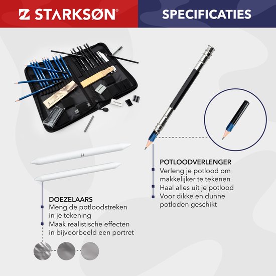 STARKSØN Professioneel 41-Delige Potloden Tekenset incl. Tekenpotloden, Schetspotloden, Schetsboek & Accessoires - Tekenen met Houtskool & Grafiet