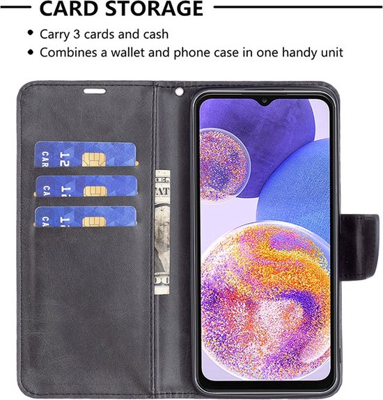 Étui portefeuille noir avec téléphone, trois cartes et espèces dans les pochettes.