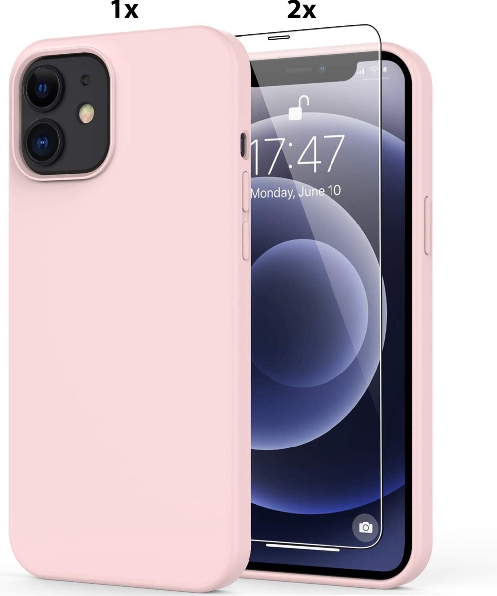 Hoesje Geschikt voor iPhone 12 Pro Soft Nano siliconen Gel Licht Roze Hoesje Met 2X Glazen screenprotector