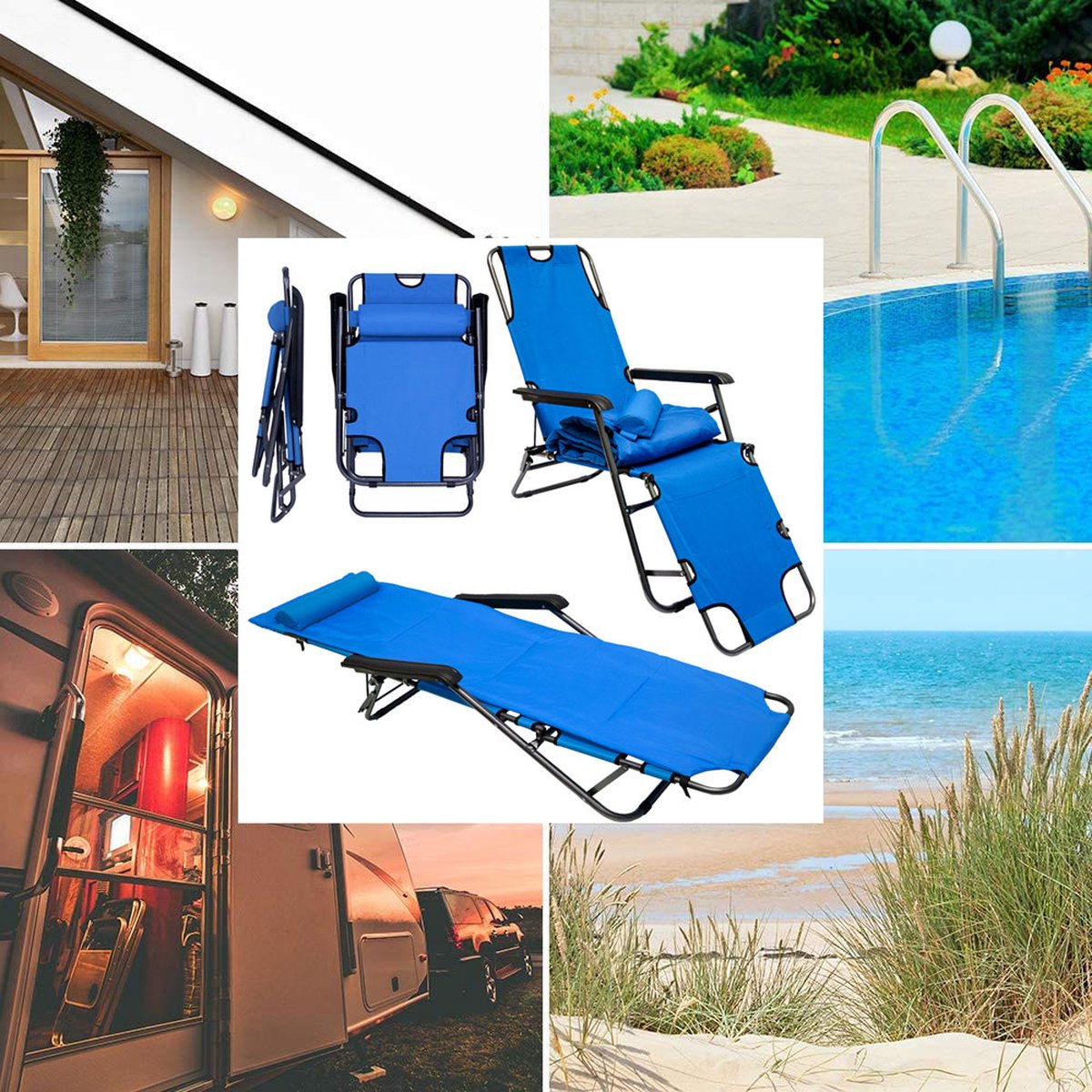 SVITA Ligstoel met kruk opvouwbaar Strandstoel Vouwstoel Hoofdkussen Blauw