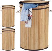 Relaxdays 3x wasmand bamboe - ronde wasbox met deksel - 63 x 40 cm - 65 liter - natuur