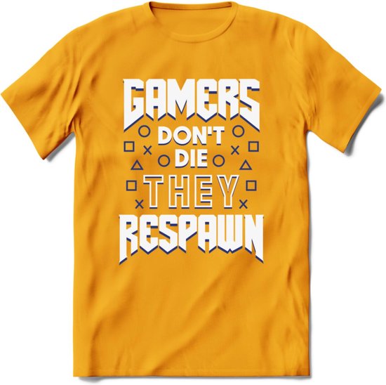 Gamers don't die T-shirt | Donker Blauw | Gaming kleding | Grappig game verjaardag cadeau shirt Heren – Dames – Unisex | - Geel - XXL