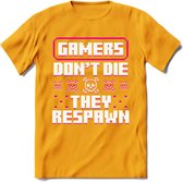 Gamers don't die pixel T-shirt | Roze | Gaming kleding | Grappig game verjaardag cadeau shirt Heren – Dames – Unisex | - Geel - L