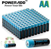 POWERADD 100x Alkaline AA -batterijen (25 blisters a 4 st) 1.5V Duurzame en duurzame LR06 - batterijparti