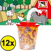 Decopatent® 12 STUKS BOERDERIJ DIEREN 3D Drink Beker met Rietje en Deksel - 250ML - Boerderij Plastic Bekers - Kinderfeestje - Kinderverjaardag Bekertjes - Traktatie - Uitdeelcadeaus